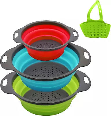 Collapsible Colander Set Of 3 Silicone Strainers With Plastic Handles For Fruits • £15.65