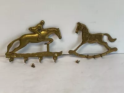 Vintage Brass Horse Racing Jumping Jockey And Rocking Horse Key Holders • $29.99