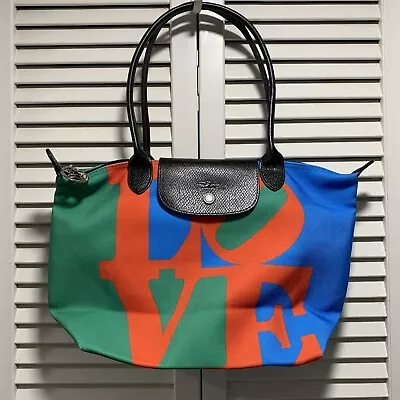 Longchamp X Robert Indiana Love Medium Tote Satchel Bag Red Green Blue Nylon • $120