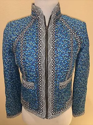 J. CREW QUILTED EMBELLISHED COLORFUL Full Zip JACKET WOMEN'S SIZE 0 BLUE FLORAL • $63.61