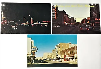 3 Postcard Lot 1950s Vtg Great Falls Montana Street Scenes Night Neon Old Cars • $7.19