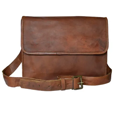 Men's Crossbody Laptop Bag Brown Shoulder Bag Genuine Leather Flapover Side Bag • $46.91