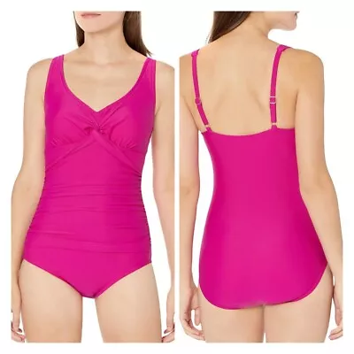 Maxine Of Hollywood Fuchsia Twist Front Shirred One-Piece Swimsuit 16 NWT • $31.50