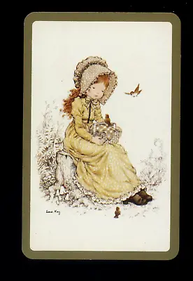 $4 • Buy Original Vintage Playing Card Sarah Kay Girl Seated On Tree Stump Holds  Basket