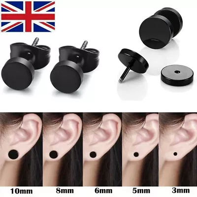 1 Pair Black Round Stud Stainless Steel Ear Studs Earrings Men Women UK STOCK • £2.89