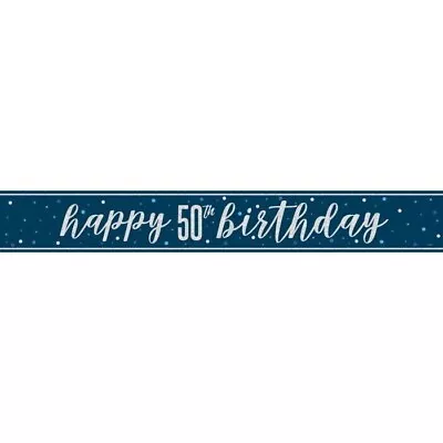 50th Birthday Banners Navy Blue Shiny Foil Banner 9ft Age 50 Party Decorations • £1.99