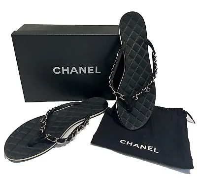 CHANEL Sz 41 Black Suede Calfskin Leather Silver Chain Flip Flops Thong Sandals • £712.45