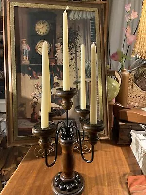 Vtg Masculine Wood Black Metal Candelabra~5 Light~Rustic~Steam Punk~Spanish Rev. • $35.56