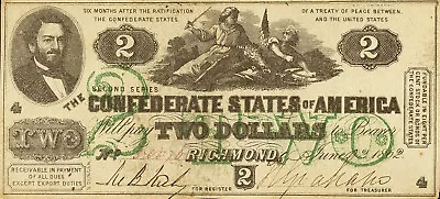 1862 $2 CSA T42 *Reproduction* Civil War Currency Judah P. Benjamin Pictured • $3.50