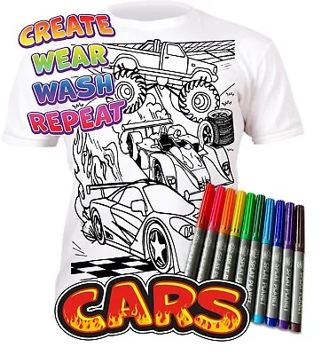 Splat Planet Colour-in Cars T-Shirt 10 Magic Pens-Colour-in And Wash Out • £9.95