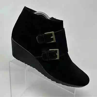 Munro American Drew Monk 2 Strap Black Suede Wedge Ankle Boots Size 11 • $49.99