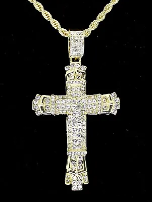 Mens Large Cross CZ Pendant 14k Gold Plated 24  Rope Hip Hop Necklace • $9.49