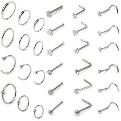 $3 • Buy Pack Of 14/22/26/30 Nose Piercing Stud Ring Hoop Stainless Steel Body Jewellery
