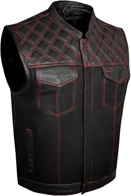 SOA Men's Motorcycle Club Denim & Leather Vest W/ 2 Concealed Carry Pocket • $49.90