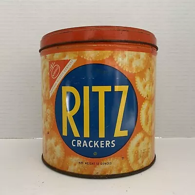 Vintage Ritz Cracker 13oz Tin From 1950's  Approx 6  T X 6  D  -Blue Net Weight • $14.99