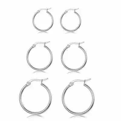 $9.99 • Buy Elegant 925 Sterling Silver Hoop Earrings For Women Jewelry 3 Pack Set 20-18-15M