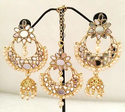 New Bridal Maang Tikka Earrings Set Pearl Jhumka CZ Gold Tone Indian Jewelry • $12.38