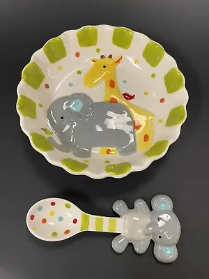 Mud Pie Ceramic Multicolored Child’s Round Elephant Giraffe Dish And Spoon • $11.69