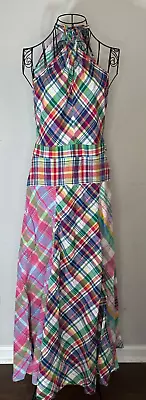 NWOT Polo Ralph Lauren Womens Dress Size 10 Madras Plaid Halter Neck Maxi  $298 • $139