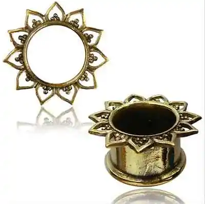 Pair Antiqued Lotus Leaf Flower Brass Tunnels Plugs Tribal Gauges Plug Gauge • $19.90