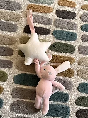 Primark Musical Bunny With Pull Hanging Baby Soft Toy Star Pink White Rabbit • £7.99