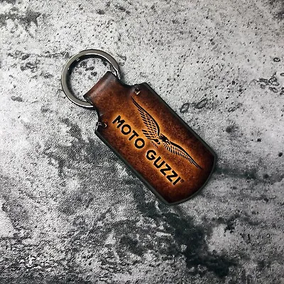 Handmade Leather Keychain With Moto Guzzi Logo In Brown. 1EA • $25