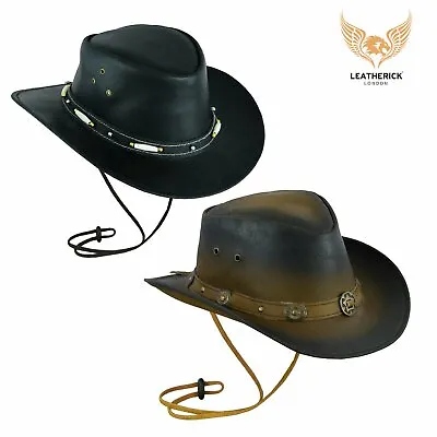 £16.99 • Buy Western Aussie Style Black Bush Leather Distressed Brown Hat Unisex Cowboy Hats 