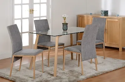 Morton 4 Seat Dining Set Table In Clear Glass Oak Effect Veneer And Grey Fabric • £273.66