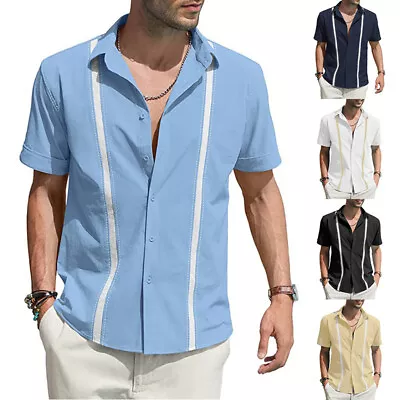 £14.94 • Buy Men's Blouse Short Sleeve Shirt Button-Up Casual Cuban Guayabera Beach Wedding