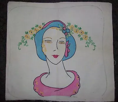 Vintage Art Deco 30s Embroidered Cotton Pillow Case Cover Lady Floral • $12.50