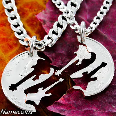 Friendship Guitar Necklaces Electric And Bass Interlocking Hand Cut Coin • $99.99