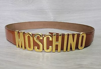 Authentic Vintage Moschino Redwall Belt Women Brown Leather Gold Letters Sz 46 • $149