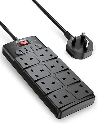 8 Way Mains + 4 USB Ports Extension + Surge Protection On/Off Switch 1.5m Cable • £24.99