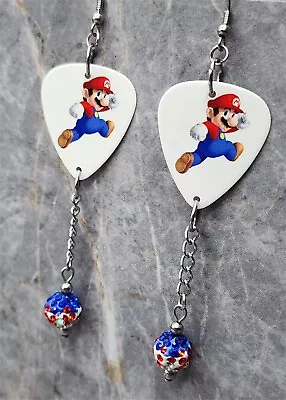 Super Mario Bros Mario Guitar Pick Earrings With Pave Bead Dangles • $6