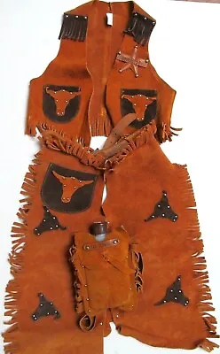 Child's Suede Cowboy Cowgirl Wild West Vest Chaps Canteen..Fao Schwartz Vtg Sz S • $41.39