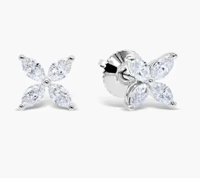 Marquise Cut Natural GH SI Diamond Flower Stud 4-Stone Earrings 14k White Gold • $600.39