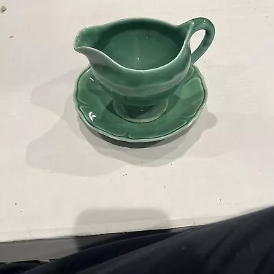 Vintage 1930's Green Petalware Creamer And Saucer By Mt Clemens Pottery Co. • $16