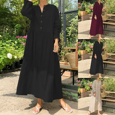 ZANZEA Women Cotton Long Sleeve Vintage Long Maxi Dress Kaftan Abaya Oversized • £15.99