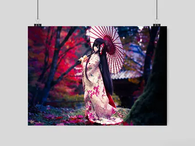 Kimono Doll Japanese Poster Umbrella Trees Forest Print Wall Art- A4 A3 Size • £8.95