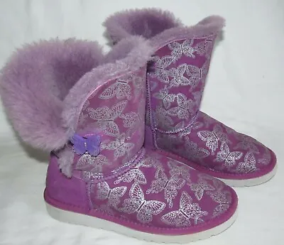 UGG Purple Butterfly Silver Bailey Button Fur Boots Youth Big Kids Girls Size 5 • $69.60