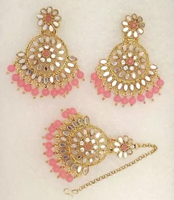 New Bridal Maang Tikka Earrings Set Pearl Kundan Gold Tone  Pink Indian Jewelry • $21.93