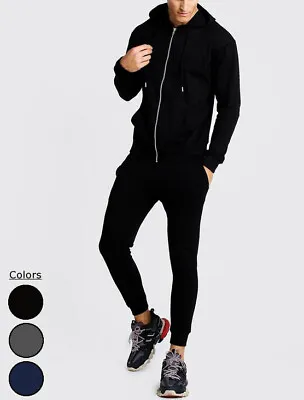 Mens Pique Tracksuit Metal Zipper Hoodie Jogging Cotton Fitted New 2pc Suit Set • £19.99