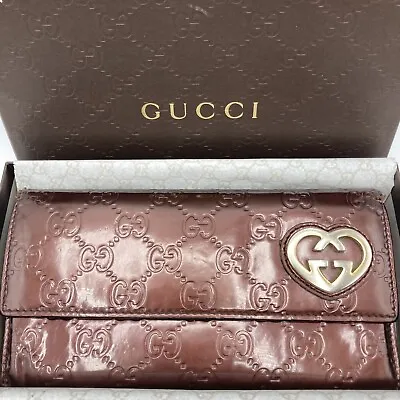 Auth Used GUCCI Purse Leather Long Wallet Guccissima 6402 Enamel Heart Bordeaux • $77.40