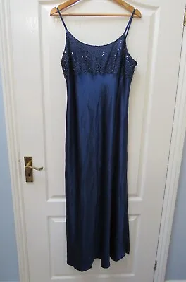 £44.99 • Buy 90s Vintage Charlotte Halton Slip Dress Strappy Navy Blue Satin Bias Cut 14