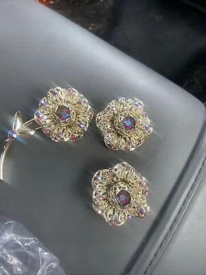 Signed Sarah Coventry Filigree Flower Brooch & Clip Earrings DEMI Parure Estate • $25