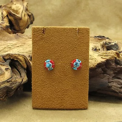 Vintage Sterling Silver Block Turquoise And Coral Stud Earrings • $48