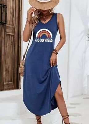 Plus Sizes Ladies Sleeveless PRINTED V Neck Casual Loose Summer Long Tanks Dress • £15.59