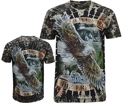 Live Wild Eagle Wolf Native American Indian Biker Glow In Dark Tye Dye T - Shirt • £11.99