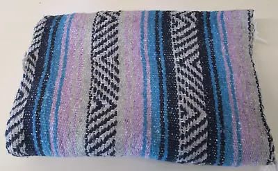 Mexican Blanket Throw Rug Blue Woven Stripe Picnic Festival Camping - M87 • £22