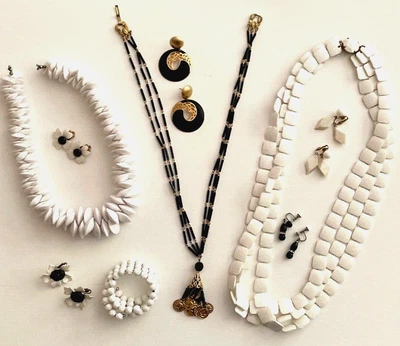 £31.48 • Buy Vintage 50's 60's Black White Jewelry Lot 9 Pcs Trifari Japan Enamel Glass JCS
